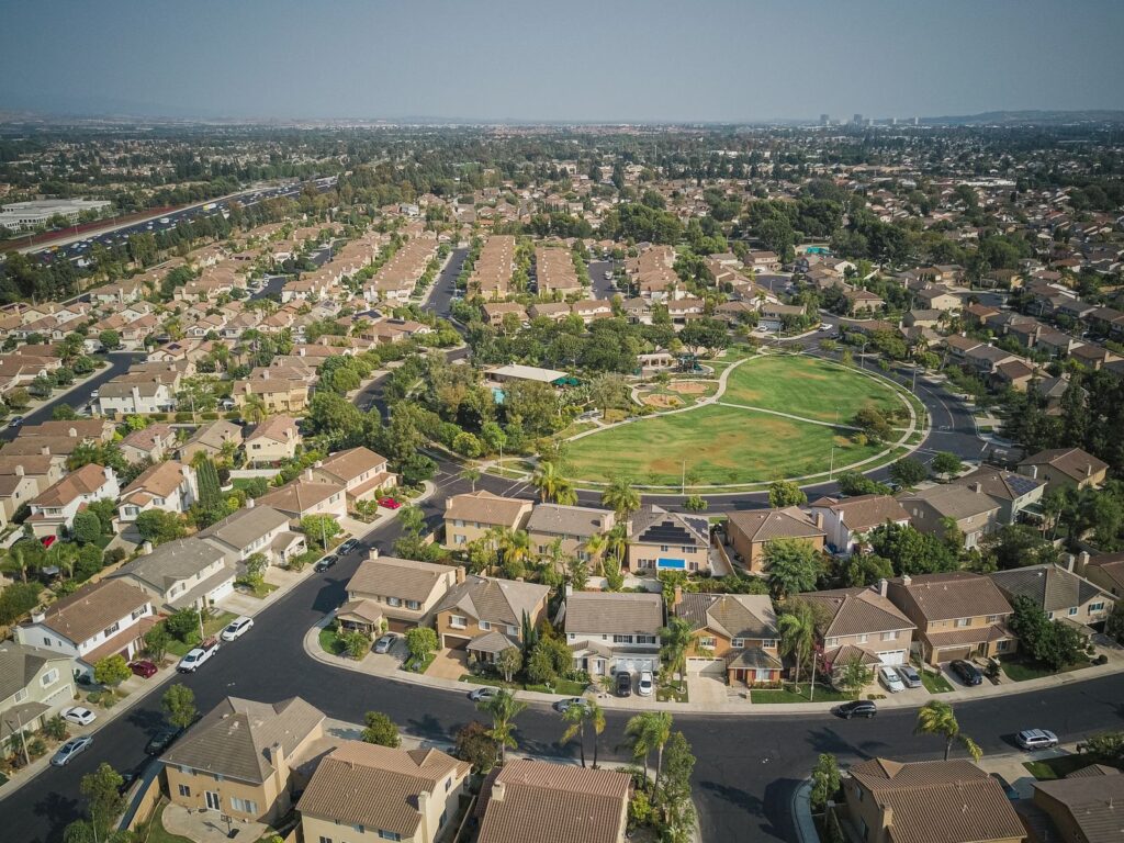 Aerial view of a suburban neighborhood of houses