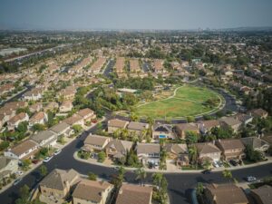 Aerial view of a suburban neighborhood of houses
